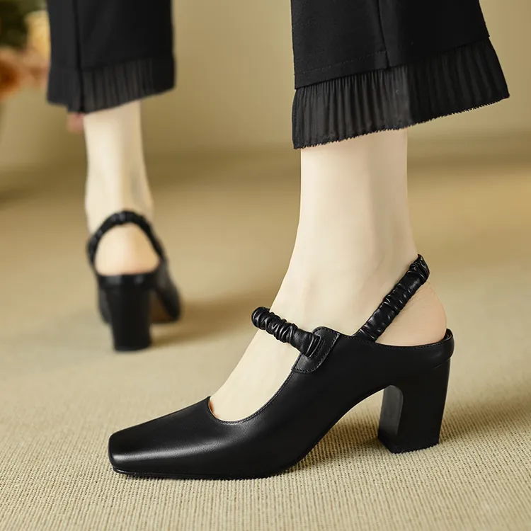 跟高6厘米/头层牛皮/夏季百搭包头凉鞋真皮粗跟复古女士高跟鞋子