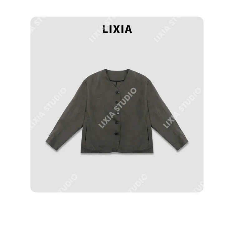 LIXIA【绿调松弛】休闲简约风百分百亚麻透气V领外套-D8688