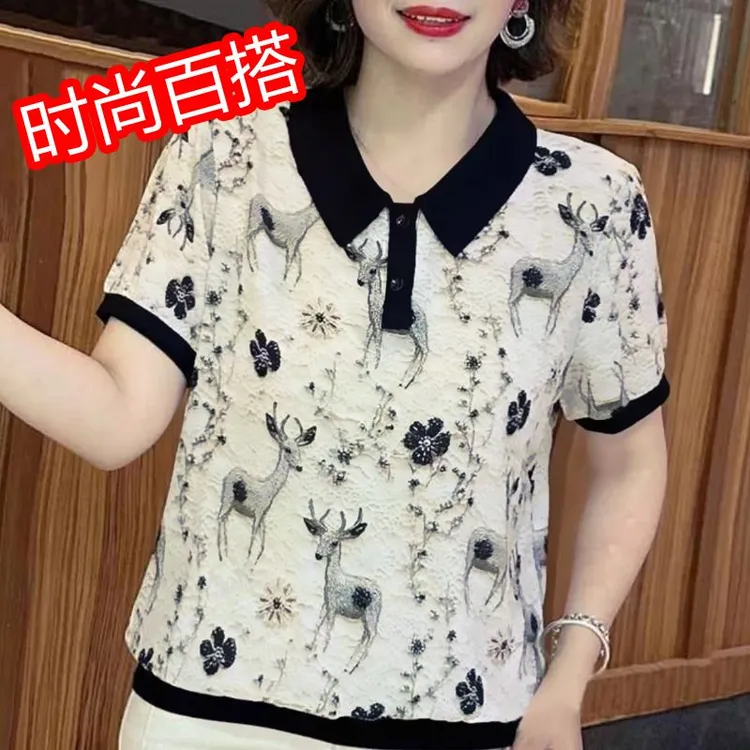 夏季新款妈妈装薄款翻领小鹿减龄宽松显瘦透气T恤中老年短袖上衣