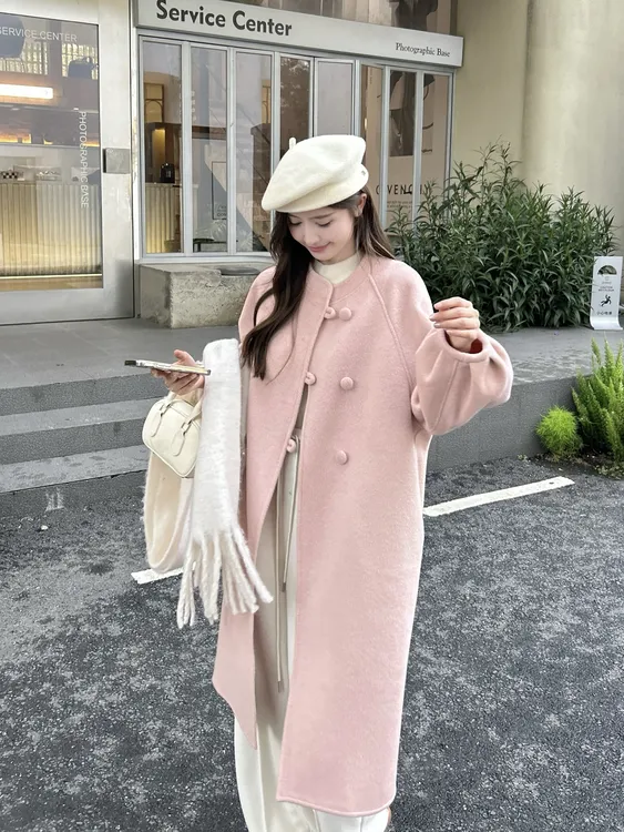 2528 2025新中式简约宽松温柔风立领长款秋冬双面大衣2528
