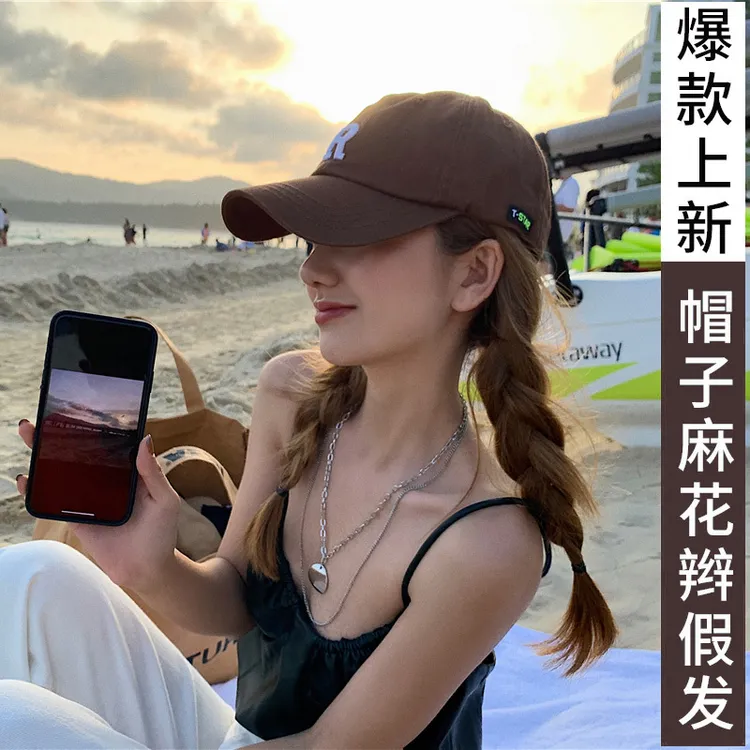 假发推荐鸭舌帽假发一体式R标帽子麻花辫时尚修脸百搭甜假发一体