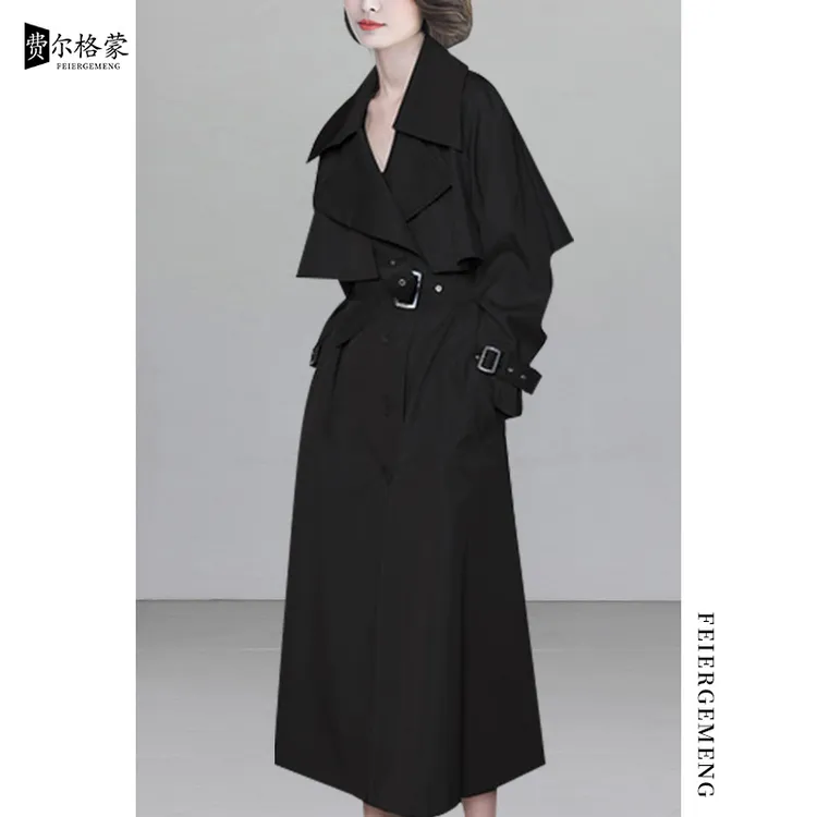 欧洲站时尚收腰流行风衣女中长款赫本风春秋新款过膝修身黑色外套