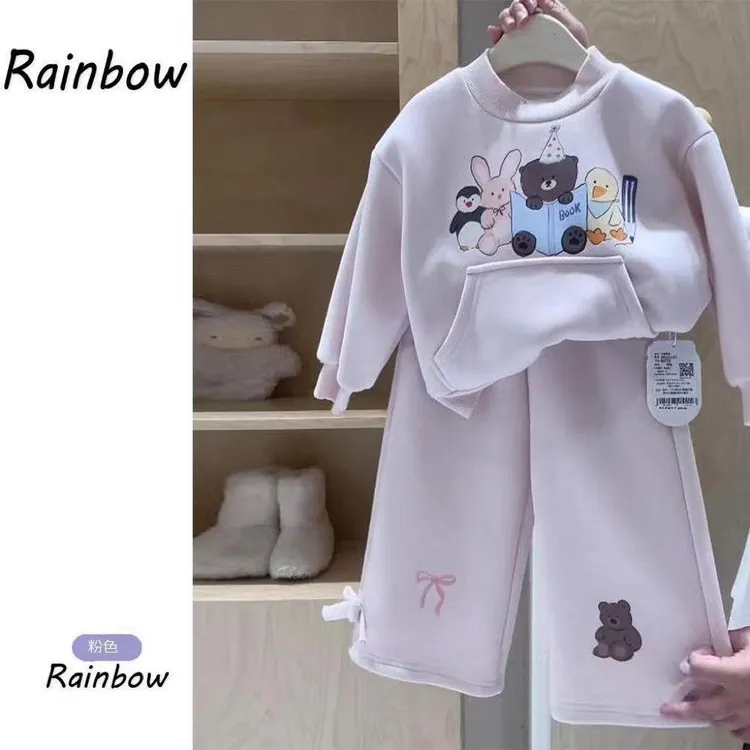 2025新款冬季套装女童韩版儿童加绒卫衣蝴蝶结卫裤时髦宝宝两件套