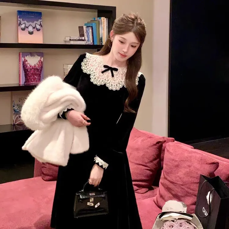 杨小卷富家千金气质撞色法式丝绒显瘦收腰连衣裙 8435太