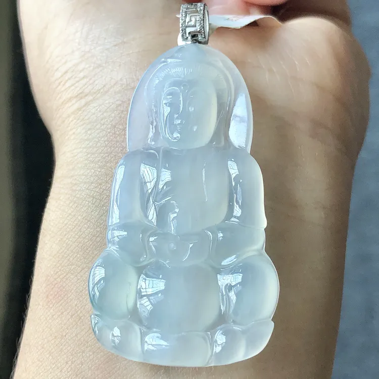 缅甸天然A货翡翠18k金镶嵌老坑冰种正装观音吊坠57.3/29.2/5.4
