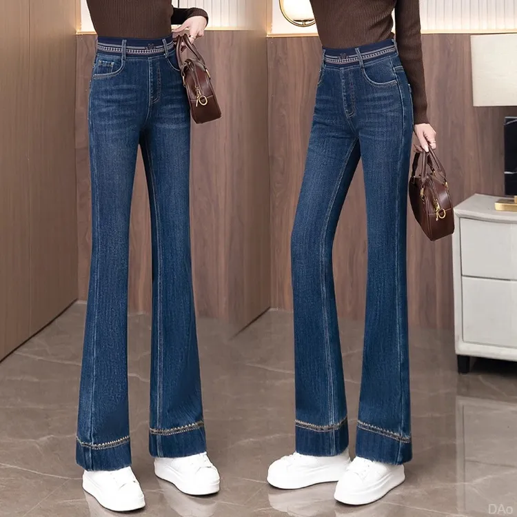 微喇牛仔裤女秋冬季2025新款加绒加厚高腰宽松松紧腰女士喇叭裤子