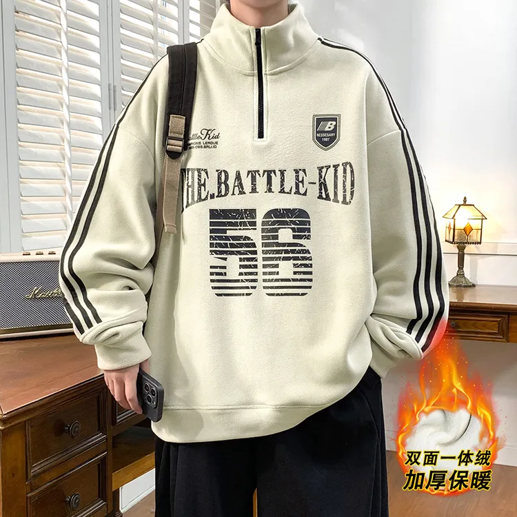 秋冬季男生美式新款加绒加厚双面奥粒绒休闲半高领宽松打底衫卫衣