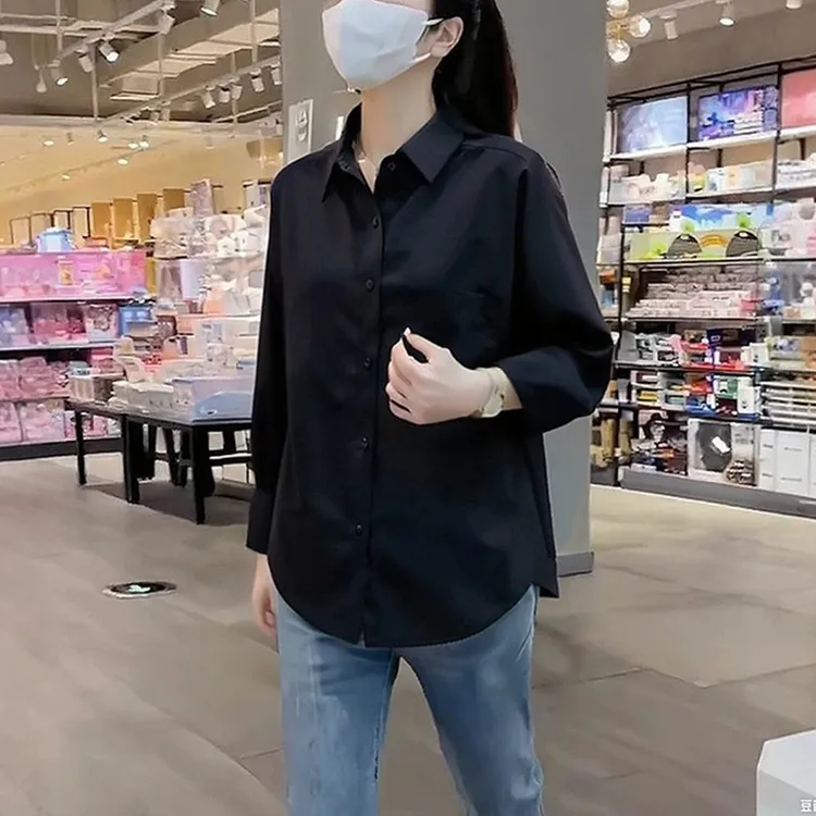秋季时尚宽松纯色polo领洋气韩系休闲纯棉灯笼长袖褶皱显瘦衬衫女