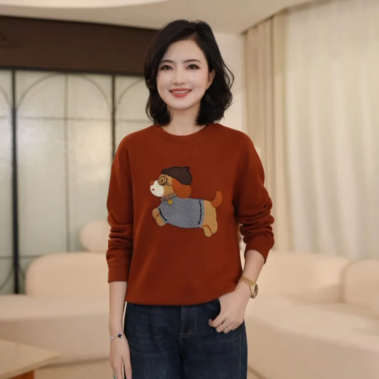 枫竺阿楠anan百搭圆领小狗刺绣弹力加厚卫衣女秋冬季洋气打底上衣