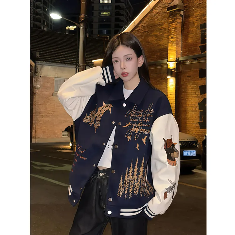 美式重工刺绣棒球服男女款秋季宽松慵懒翻领廓形夹克工装机车外套