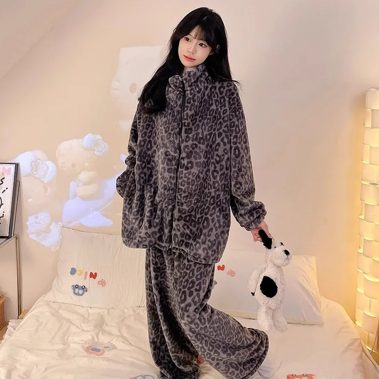 绝美超火豹纹新款睡衣珊瑚绒女冬季加绒加厚法兰绒家居服套装冬天