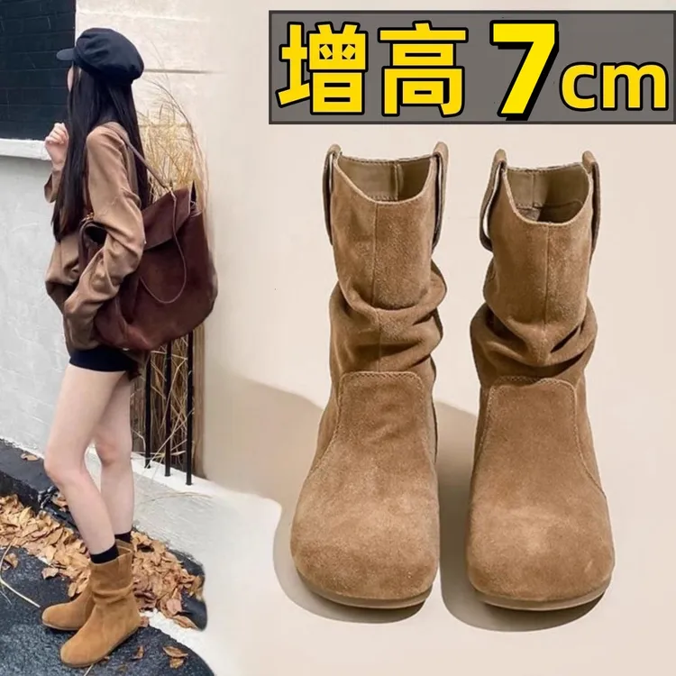 内增高勃肯短靴女2025秋冬新款加绒马丁靴女美拉德显瘦褶皱堆堆靴