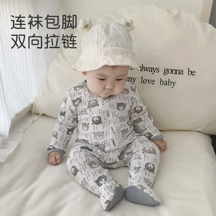 宝宝睡袋春秋夏季连体衣包脚新生儿童棉睡衣贴身内衣爬服空调服