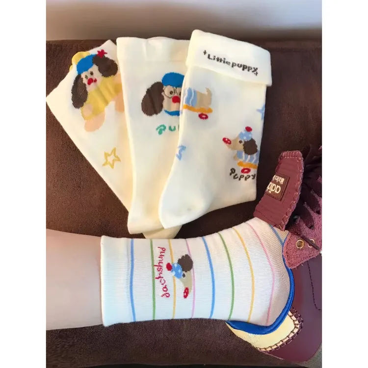 新款美拉德·小狗袜子女春夏季学院风插画卡通条纹学院风夏季袜yj