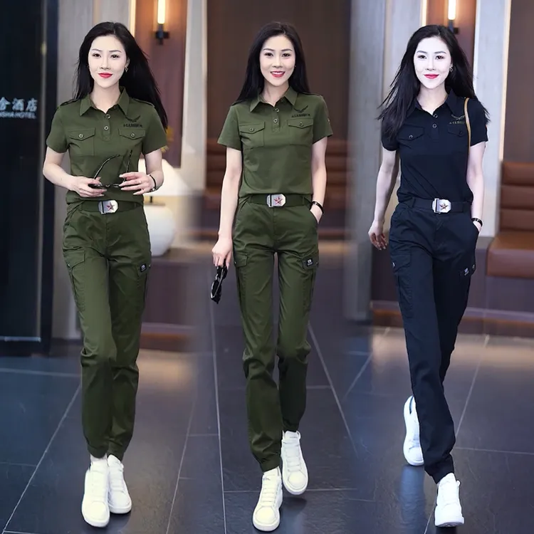 气质减龄夏季工装套装女款时尚弹力T恤水兵舞上衣工装裤两件套潮