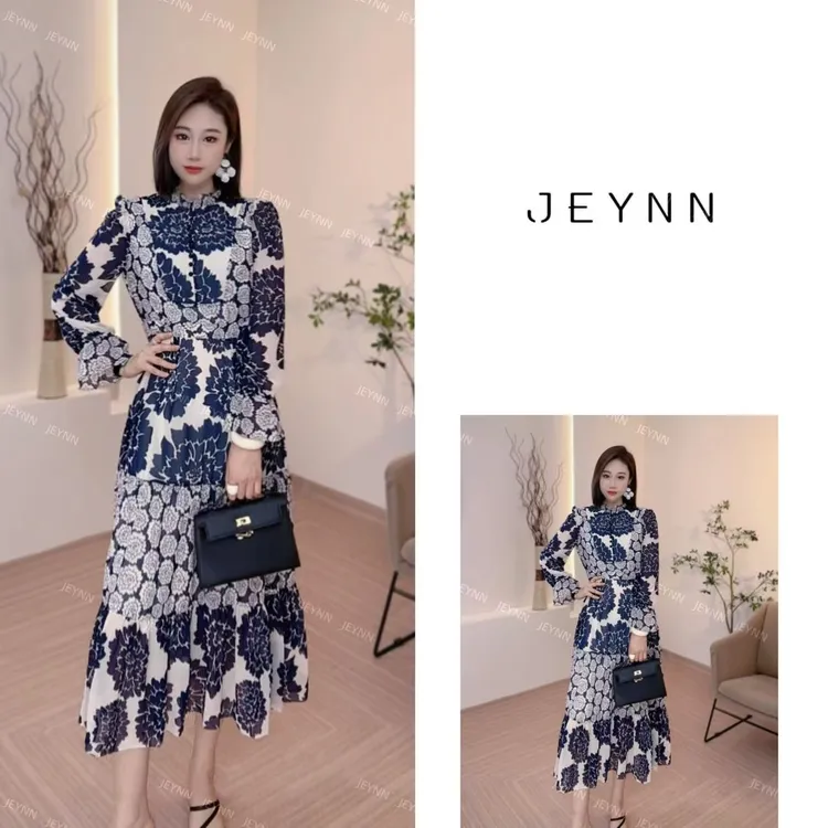 【JEYNN】新款长袖插肩袖印花系带连衣裙复古收腰轻奢碎花J0186H028