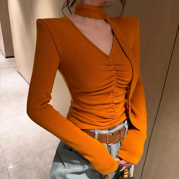 法式纯欲风V领褶皱飘带长袖T恤女2025秋冬新款设计感内搭女打底衫