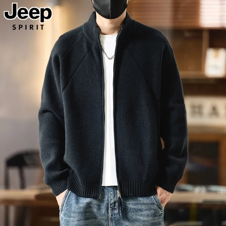 JEEP吉普秋季立领长袖开衫针织毛衣男士针织衫潮流休闲百搭宽松