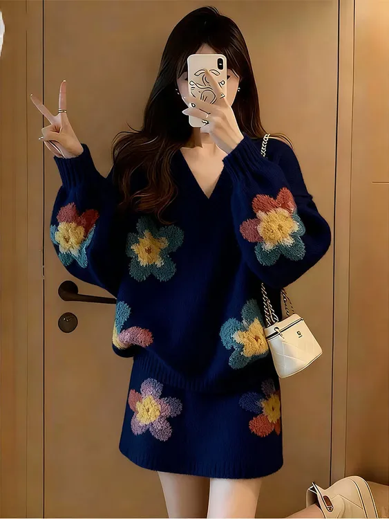 冬季搭配一整套高级感超好看独特宽松时尚慵懒软糯毛衣半裙两件套