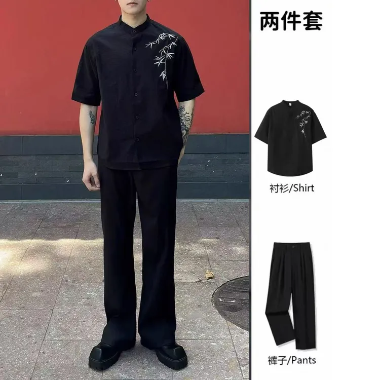 新中式国风立领竹子刺绣薄款衬衫订婚套装男短袖夏季休闲半袖衬衣