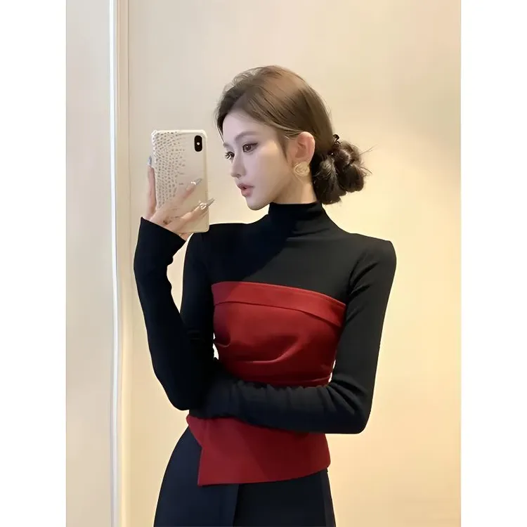 蓝色拼接上衣2025冬季爆款独特漂亮气质名媛高级感收腰长袖打底衫