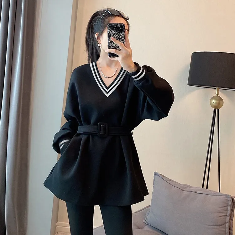 v领长袖卫衣大码女装通勤休闲风春秋新款胖mm收腰显瘦中长款上衣