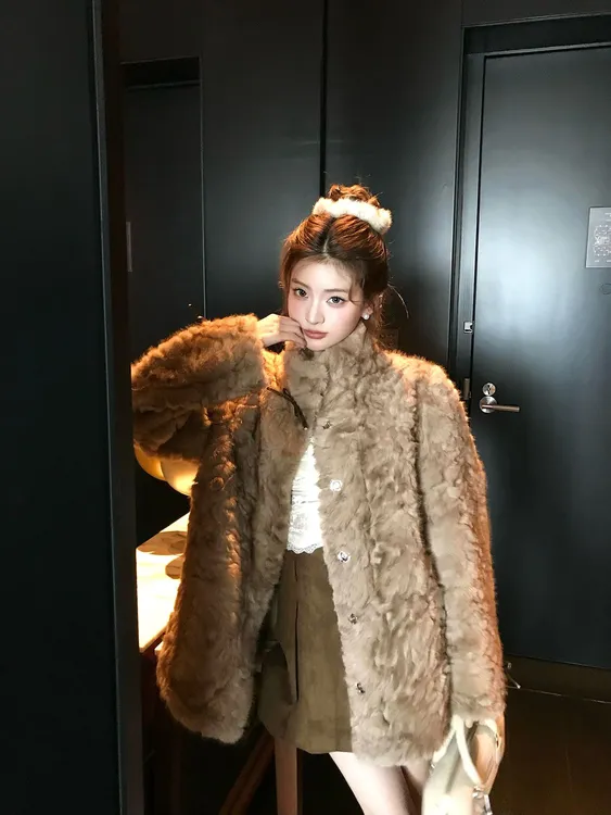 小熊心事 立领染尖环保皮毛一体外套女冬季慵懒休闲加厚毛毛大衣