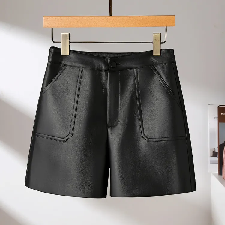 【PIKALUO】25年早季新款纯皮短裤高腰短裤修身显瘦纯皮短裤女