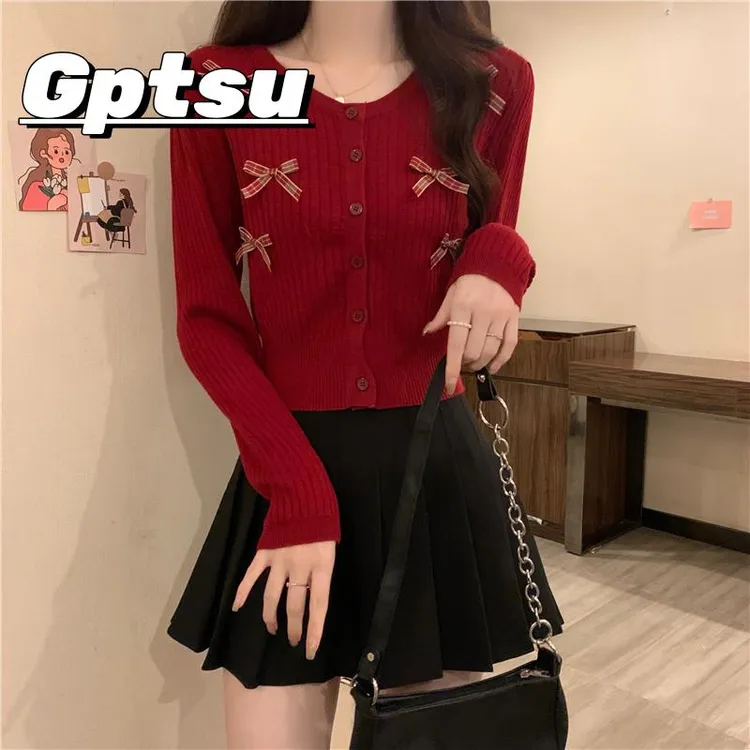 GPTSu红色蝴蝶元素针织开衫女秋短款高腰小香风毛衣外套亮色上衣