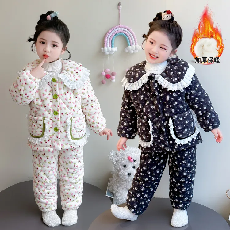 宝宝冬季2025新款女童睡衣三层夹棉加厚加绒儿童珊瑚绒家居服女孩