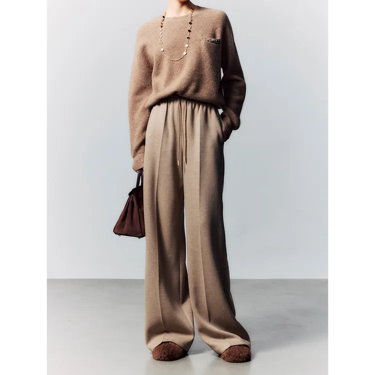 玖着'软软裤'双层厚度醋酸羊毛空气暗斜纹温暖加倍松紧腰直筒裤