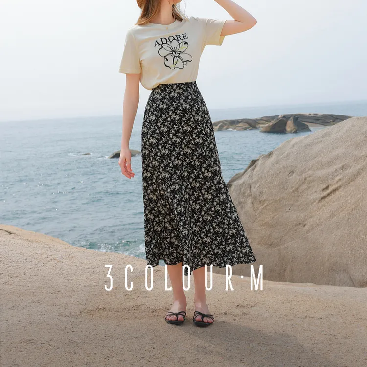 0251【赵老板专属】三彩2025夏季新款碎花半身裙高腰开叉雪纺dbx