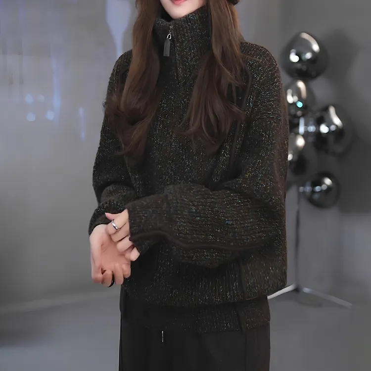 半拉链高领针织衫女冬季慵懒高级感宽松加厚保暖花纱毛衣内搭上衣