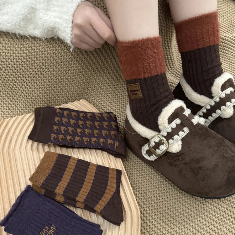 【4双装】貂毛拉绒咖蓝系列中筒袜紫咖色系秋冬双针女袜ins风中筒袜