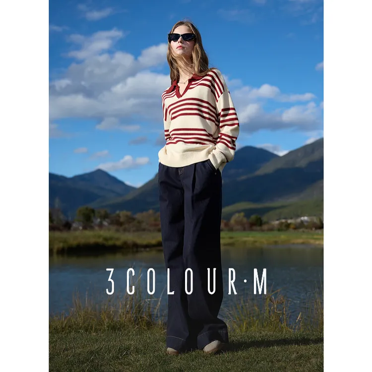 【陈大可专属】三彩2025春季新款法式条纹针织衫翻领毛衣宽松dbx