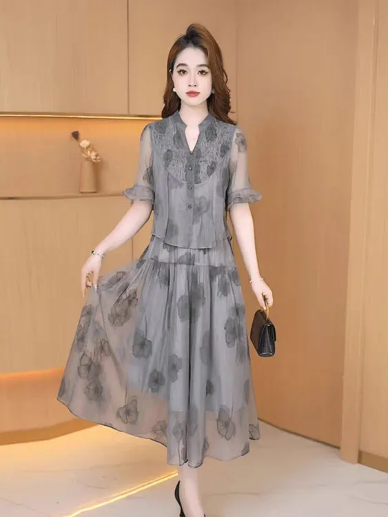 V5683时尚高级感中长裙时尚减龄高腰显瘦遮肉连衣裙