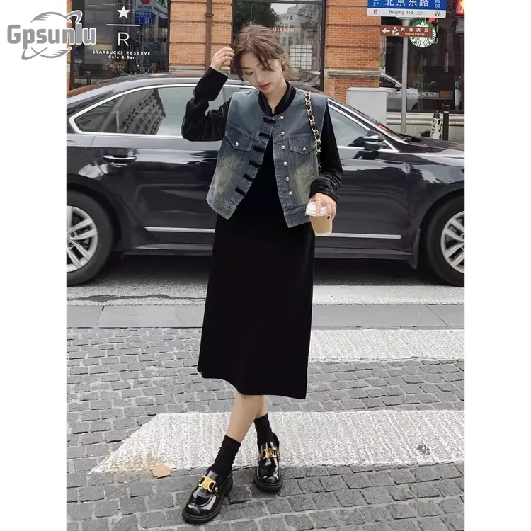 gpsunlu新中式牛仔马甲外套女秋季新款国风小个子盘扣拼接马夹