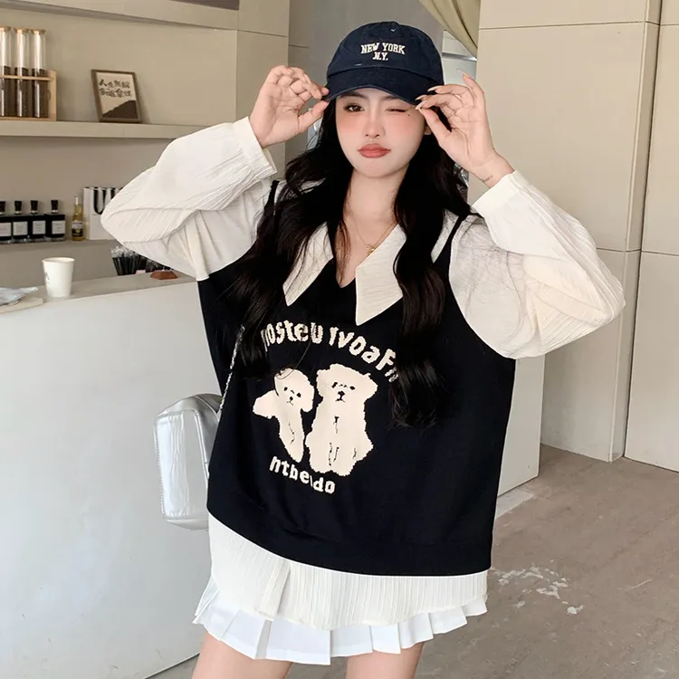 5621大码女装春装上衣假两件印花衬衫减龄学院风春季上衣