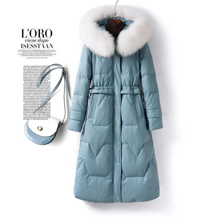 连帽眞皮羽绒服女外套中长款连帽狐狸毛领海宁新款绵羊皮衣90白鸭