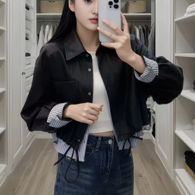 假两件拼接PU短款皮衣时尚女装春秋百搭夹克上衣日奢风复古风