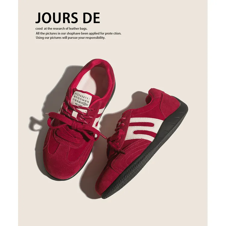 真皮~复古红色德训鞋女款2025新款软底休闲运动阿甘鞋百搭板鞋