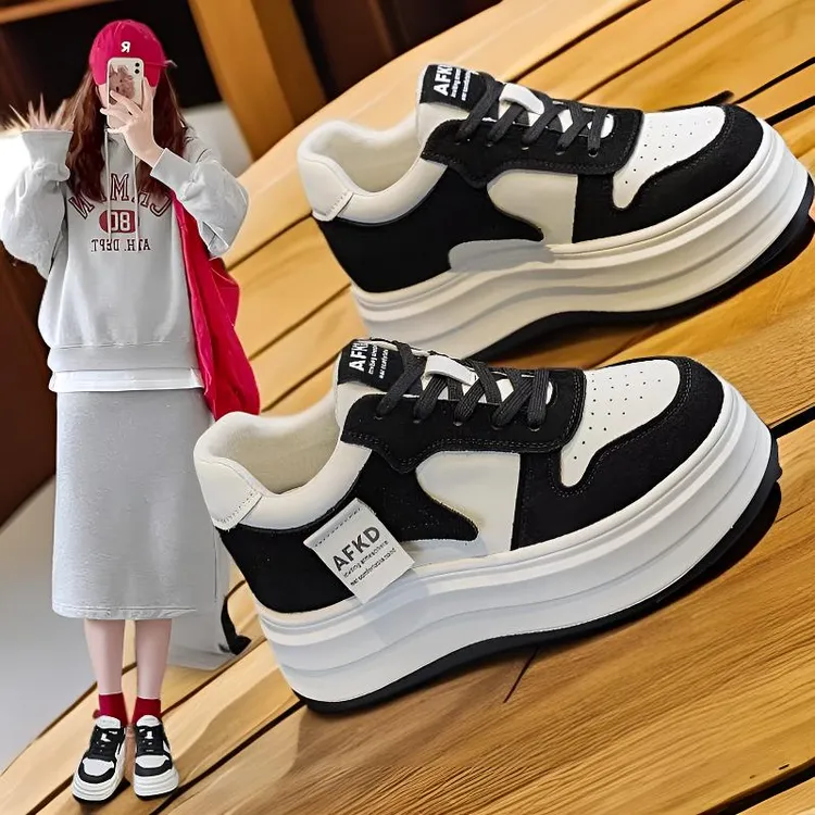 隐形增高8cm真皮小白鞋女ins韩版不累脚厚底松糕板鞋2025秋季爆款