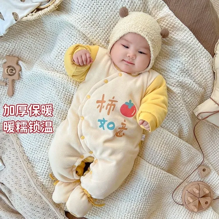 新生儿连体衣秋冬款包脚棉衣加厚婴儿秋季衣服宝宝按扣棉衣连体服