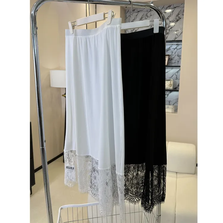 XYD71563百搭纯色超薄透气打底裙衬半身裙蕾丝拼接大码半身裙