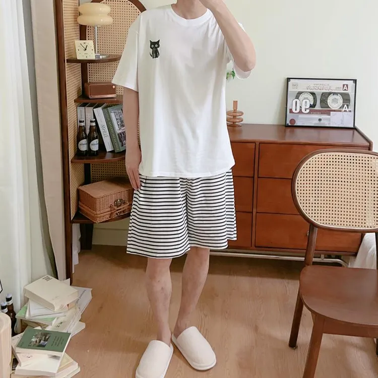 GPSUNLU简约白色睡衣男夏季纯棉短袖小黑猫宽松条纹五分裤家居服