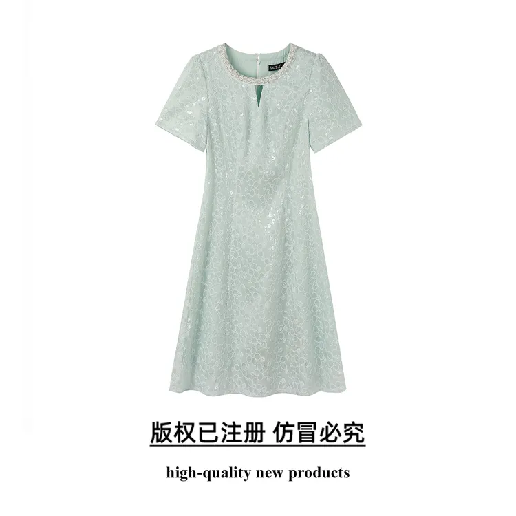 奢姿大码女装2025夏季减龄钉珠镂空设计连衣裙胖妹妹提花时尚裙子