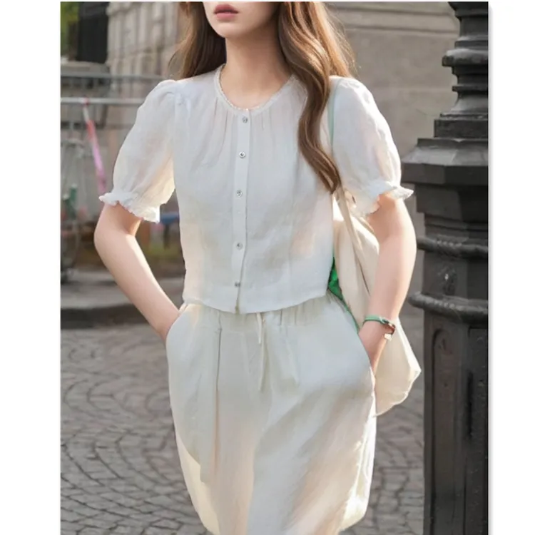夏季新款甜美减龄花边拼接短袖白色衬衫女小清新洋气百搭棉麻上衣