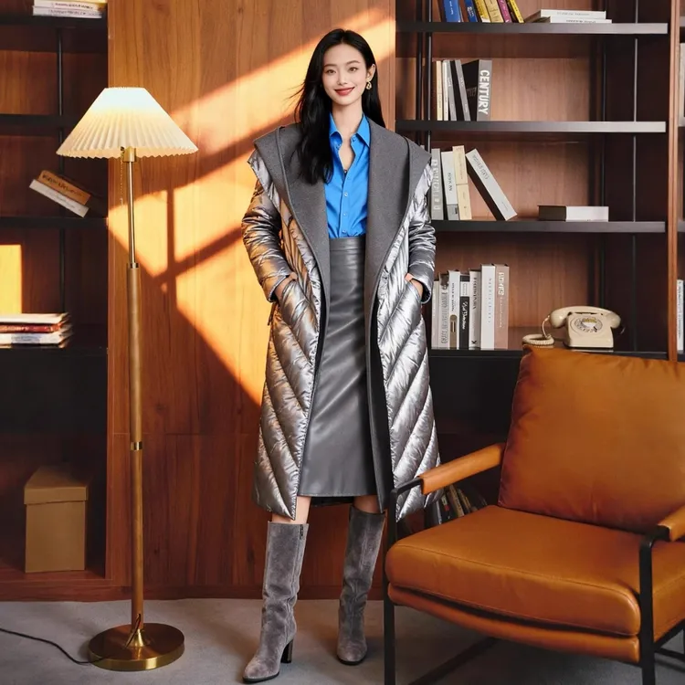 精工B入丨灰色厚外套羊毛双面呢大帽子翻领90棉服菱格409