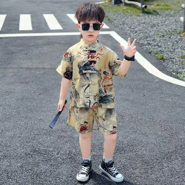 哪吒衣服儿童2025新款中式哪吒套装男童汉服夏装中式短袖唐装童装