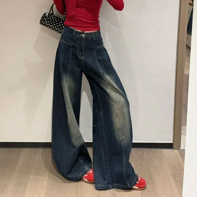 美式复古做旧阔腿牛仔裤女小个子高腰宽松显瘦直筒裤休闲拖地长裤